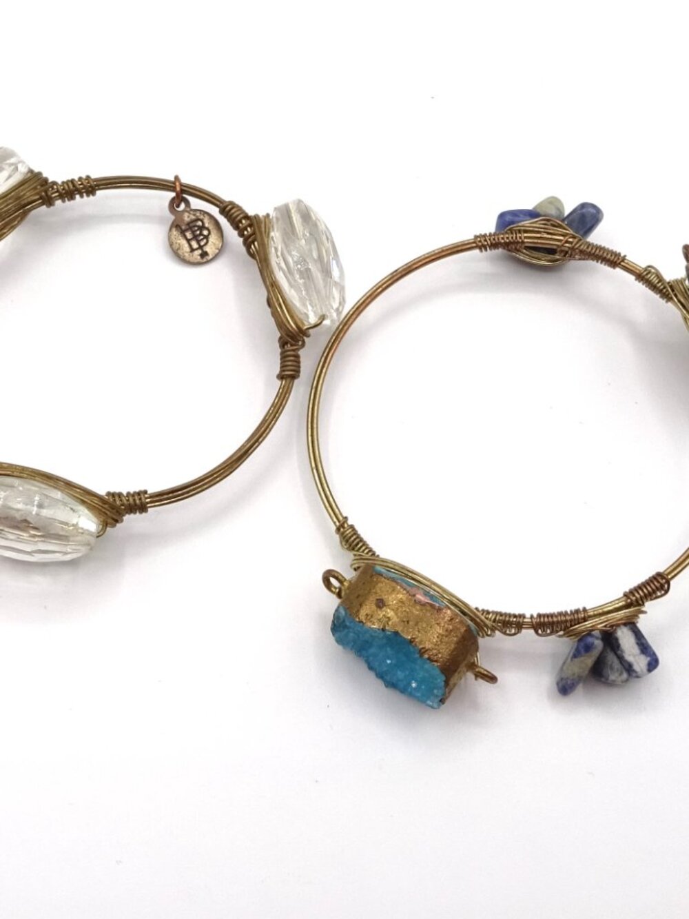 Lot of 2 Bourbon & Bowties Boho Wire Wrapped Bangle Bracelets Druzy Crystal